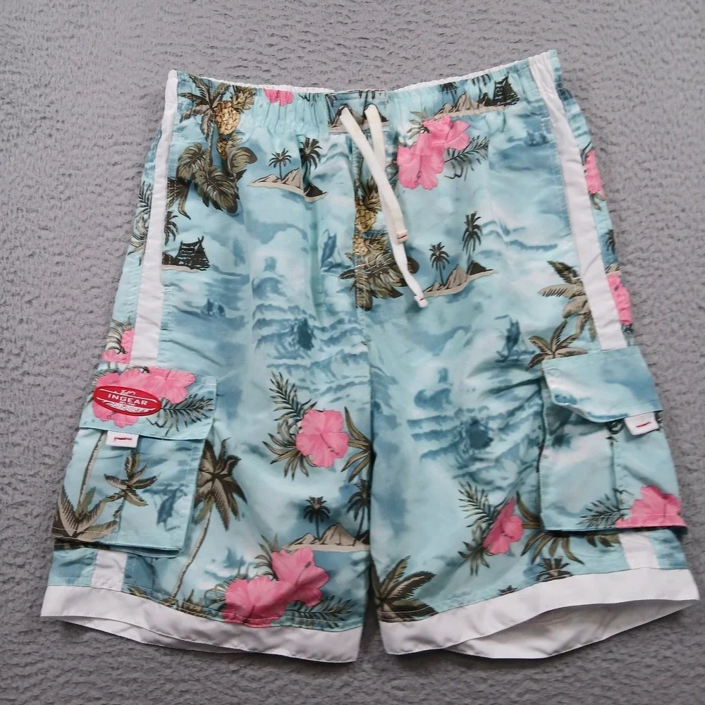 Ingear Mens Medium Tropical Hibiscus Cargo‎ Board Swim Shorts Mesh Liner EUC